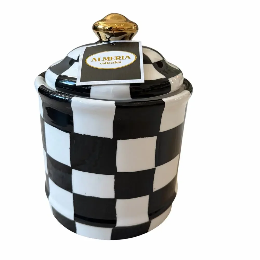 Almeria Checkered Ceramic Canister w/ Lid Black & White 8.5x6 NEW